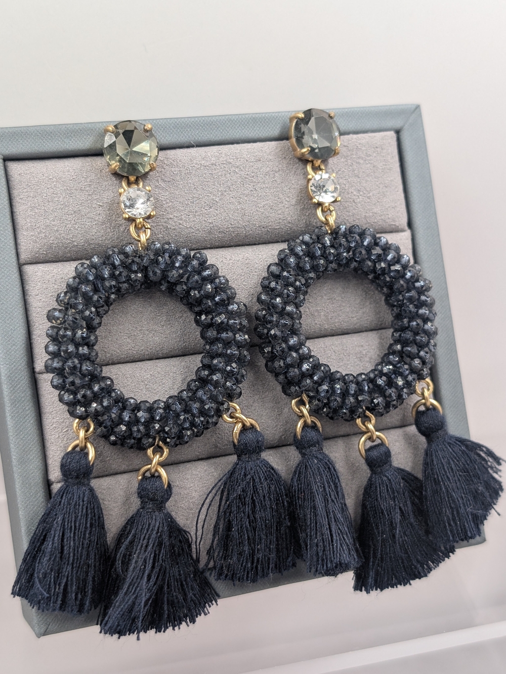 J.Crew Beaded Circle Tassel Earrings Dark Navy Crystal | 1035